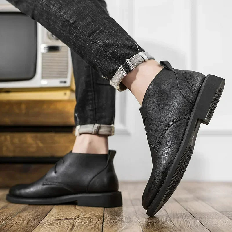 Black Leather Mid Ankle Boots