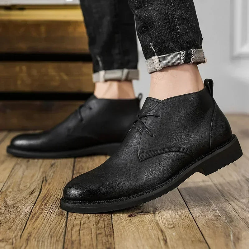Black Leather Mid Ankle Boots